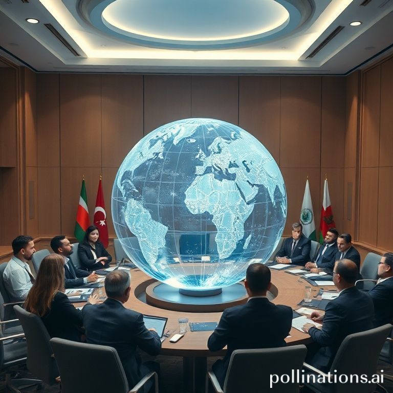 A diverse group of diplomats and experts from various countries gathered around a large, futuristic holographic globe, discussing ethical AI principles, in a modern UN-style conference room, soft ambient lighting, high detail, realistic, 8k quality, cinematic