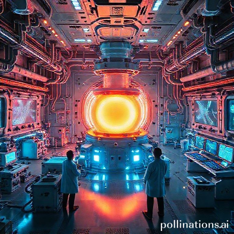 A futuristic commercial fusion reactor interior, glowing with controlled plasma, surrounded by intricate machinery and observation screens, scientists in lab coats observing excitedly, high-tech control room in the background, vibrant blue and orange light, cinematic, ultra-realistic, highly detailed, 8k quality, photorealistic