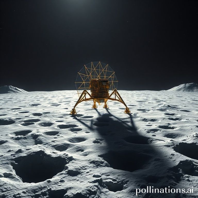 A detailed artistic rendering of China's Chang'e-5 lander on the lunar south pole, illuminated by distant sunlight, with deep shadows in craters where ice might reside. The lunar landscape is rugged and cratered, emphasizing the harsh yet promising environment. The sky is dark with visible stars. Realistic, high-definition, scientific illustration style.