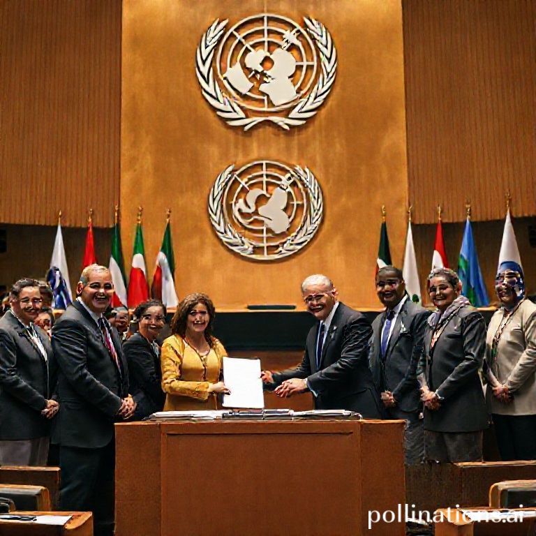 A diverse group of world leaders from different continents, dressed in formal attire, standing together on a grand stage at the United Nations General Assembly hall, shaking hands and smiling after signing a document. The background features the UN logo and flags of various nations. The mood is optimistic and collaborative, with warm, natural lighting, cinematic atmosphere, ultra realistic, highly detailed, 8k quality, photorealistic