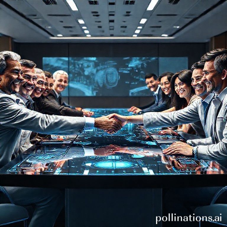 A diverse group of world leaders from different continents shaking hands and smiling around a large, futuristic conference table with holographic projections of AI data, representing global collaboration and agreement on technology. The setting is modern and sophisticated, with a sense of optimism and shared purpose, cinematic, ultra realistic, highly detailed, 8k quality, photorealistic