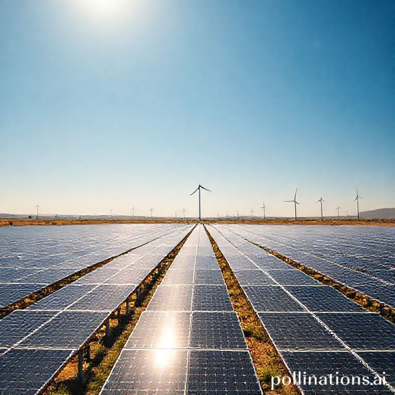A vast solar farm stretching across a sun-drenched landscape, with rows of photovoltaic panels glinting under a clear blue sky. Wind turbines are visible in the distance, slowly turning. The overall mood is hopeful and technologically advanced, with a focus on clean energy, warm natural light, cinematic, ultra realistic, highly detailed, 8k quality, photorealistic