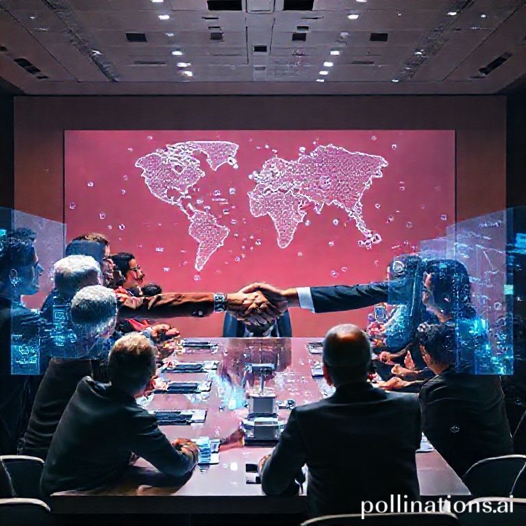 A diverse group of world leaders shaking hands around a large, futuristic conference table, with holographic projections of AI concepts and data visualizations floating above. The scene is brightly lit, conveying a sense of unity and a historic moment of global agreement. The background shows a digital world map indicating collaboration. Cinematic, high detail, vibrant colors, photorealistic.