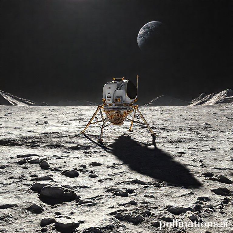 A futuristic lunar lander, sleek and white with gold accents, gently touching down on the rugged, cratered surface of the lunar South Pole. Distant Earth visible in the dark sky, harsh shadows cast by tall peaks, a sense of pioneering achievement, ultra realistic, highly detailed, cinematic atmosphere, 8k quality, photorealistic