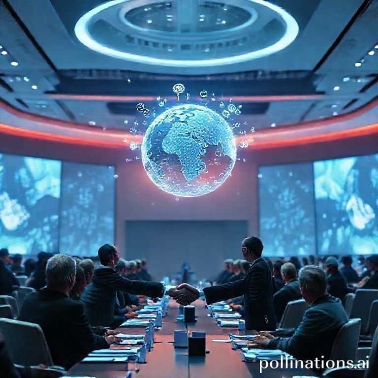 Global leaders shaking hands at a summit, a holographic globe with AI symbols floating above, bright and optimistic lighting, futuristic conference room, cinematic atmosphere, ultra realistic, highly detailed, 8k quality, photorealistic
