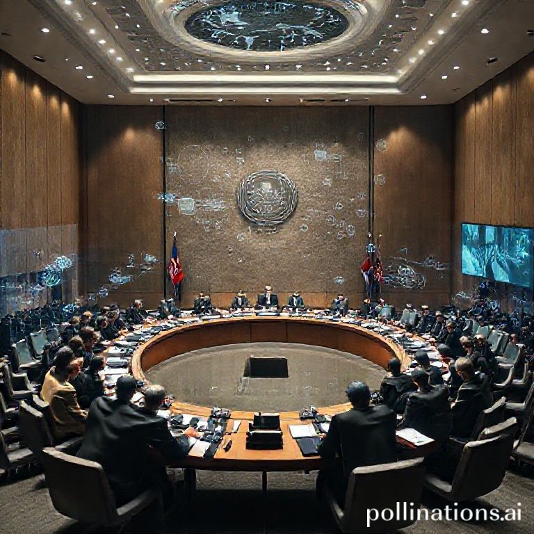 A detailed artistic rendering of the UN Security Council chamber, with delegates from various nations engaged in intense debate. Holographic projections of data and AI-related concepts float above the table. The mood is serious and focused, with a sense of urgency, cinematic lighting, ultra realistic, highly detailed, 8k quality, photorealistic