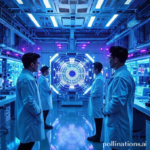 Futuristic laboratory interior with Chinese scientists in lab coats observing a glowing quantum computer, surrounded by complex holographic displays and advanced scientific equipment, blue and purple neon lights, ultra-realistic, highly detailed, 8k quality, cinematic atmosphere, photorealistic