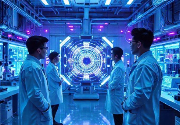 Futuristic laboratory interior with Chinese scientists in lab coats observing a glowing quantum computer, surrounded by complex holographic displays and advanced scientific equipment, blue and purple neon lights, ultra-realistic, highly detailed, 8k quality, cinematic atmosphere, photorealistic