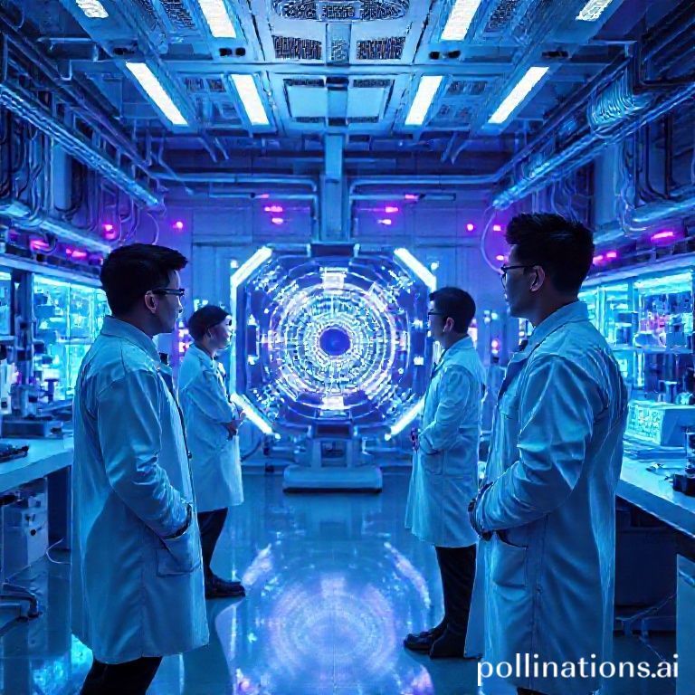 Futuristic laboratory interior with Chinese scientists in lab coats observing a glowing quantum computer, surrounded by complex holographic displays and advanced scientific equipment, blue and purple neon lights, ultra-realistic, highly detailed, 8k quality, cinematic atmosphere, photorealistic
