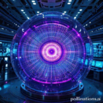 futuristic, glowing fusion reactor core with intricate magnetic field lines, vibrant blue and purple plasma contained within a transparent chamber, advanced control room in the background, engineers observing data on large screens, high-tech aesthetic, cinematic lighting, ultra realistic, highly detailed, 8k quality, photorealistic