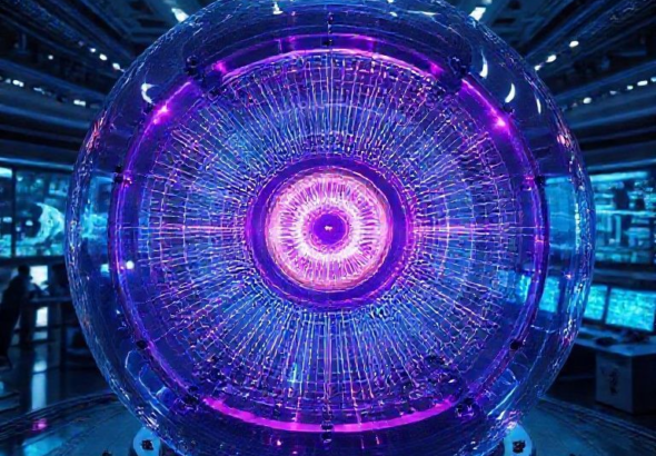 futuristic, glowing fusion reactor core with intricate magnetic field lines, vibrant blue and purple plasma contained within a transparent chamber, advanced control room in the background, engineers observing data on large screens, high-tech aesthetic, cinematic lighting, ultra realistic, highly detailed, 8k quality, photorealistic