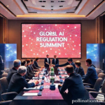 A diverse group of world leaders and AI experts shaking hands at a grand, modern conference table, a large screen displaying 'Global AI Regulation Summit,' with a digital overlay of interconnected data points, professional and optimistic atmosphere, warm lighting, ultra realistic, highly detailed, 8k quality, photorealistic