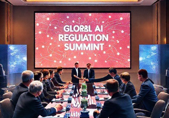 A diverse group of world leaders and AI experts shaking hands at a grand, modern conference table, a large screen displaying 'Global AI Regulation Summit,' with a digital overlay of interconnected data points, professional and optimistic atmosphere, warm lighting, ultra realistic, highly detailed, 8k quality, photorealistic