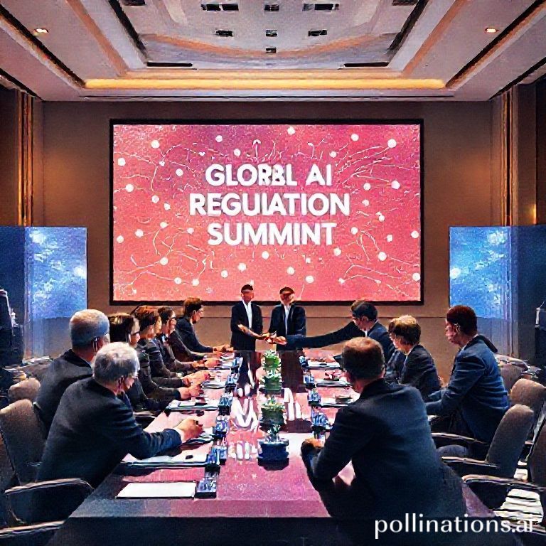 A diverse group of world leaders and AI experts shaking hands at a grand, modern conference table, a large screen displaying 'Global AI Regulation Summit,' with a digital overlay of interconnected data points, professional and optimistic atmosphere, warm lighting, ultra realistic, highly detailed, 8k quality, photorealistic