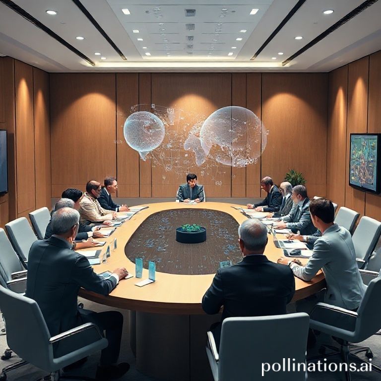 A diverse group of global leaders and diplomats in a modern, well-lit conference room, engaged in serious discussion around a large oval table. There are holographic projections of data and AI models floating above the table. The mood is serious and collaborative, with a focus on cutting-edge technology and international cooperation. Cinematic lighting, ultra realistic, highly detailed, 8k quality, photorealistic