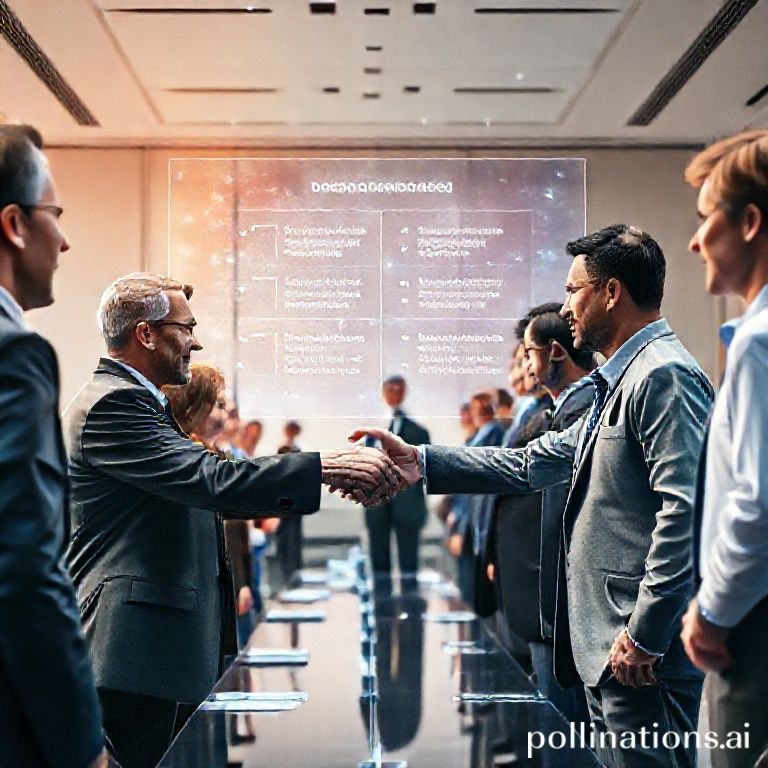 A diverse group of diplomats and tech experts in a modern, sunlit conference room, shaking hands after reaching an agreement, with a large holographic display showing AI ethics principles, symbolizing global cooperation and consensus at the Tech Summit 2025, professional, optimistic, high detail, 8k quality, cinematic lighting