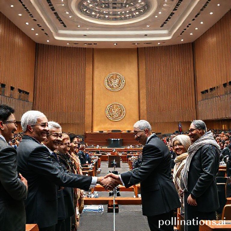 A diverse group of world leaders from different continents shaking hands and smiling in a grand, modern UN General Assembly hall, symbolizing global cooperation and agreement on AI. The mood is optimistic and historic. Cinematic lighting, ultra realistic, highly detailed, 8k quality, photorealistic, vibrant colors, wide shot of the Summit 2025 World negotiations.