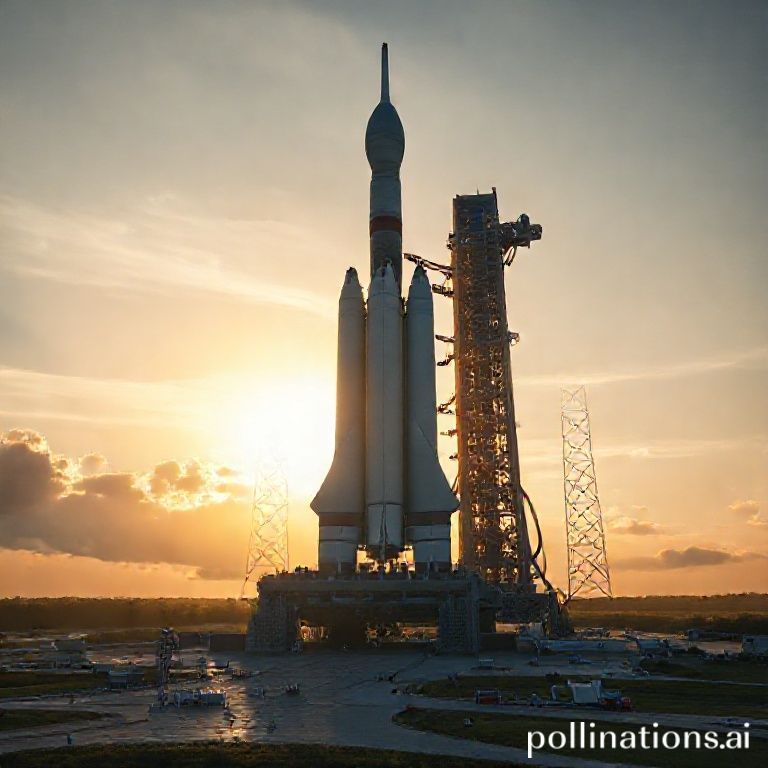 A colossal Space Launch System (SLS) rocket stands majestically on the launchpad at Kennedy Space Center, bathed in the golden light of dawn, exhaust plumes visible, intricate details of the rocket's structure, a sense of awe and anticipation, ultra realistic, highly detailed, 8k quality, photorealistic, cinematic atmosphere