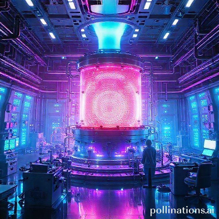 A futuristic fusion energy reactor glowing with plasma, surrounded by sophisticated scientific equipment and engineers in a control room, representing a monumental scientific breakthrough. High-tech, clean energy, vibrant blue and purple light, detailed, cinematic, 8k quality, photorealistic, 2025 aesthetic.