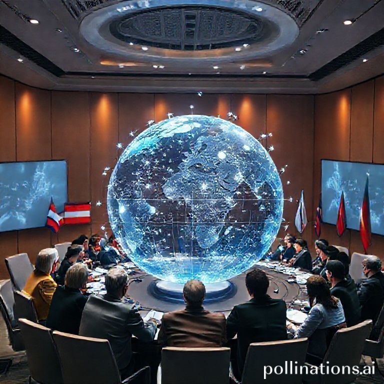 Diverse group of global leaders, representing different countries and cultures, collaborating around a large holographic globe displaying AI data and interconnected networks, symbolizing international cooperation on AI regulation, futuristic conference room, warm professional lighting, cinematic, ultra realistic, highly detailed, 8k quality, photorealistic