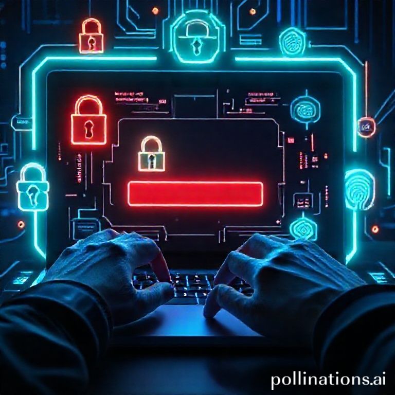 A person's hands typing on a laptop keyboard, surrounded by glowing digital security icons like a padlock, shield, and biometric fingerprint scanner. The screen displays a complex password field and a multi-factor authentication prompt. Dark, futuristic, high-tech aesthetic, with blue and green neon accents, ultra realistic, highly detailed, 8k quality, cyber security theme