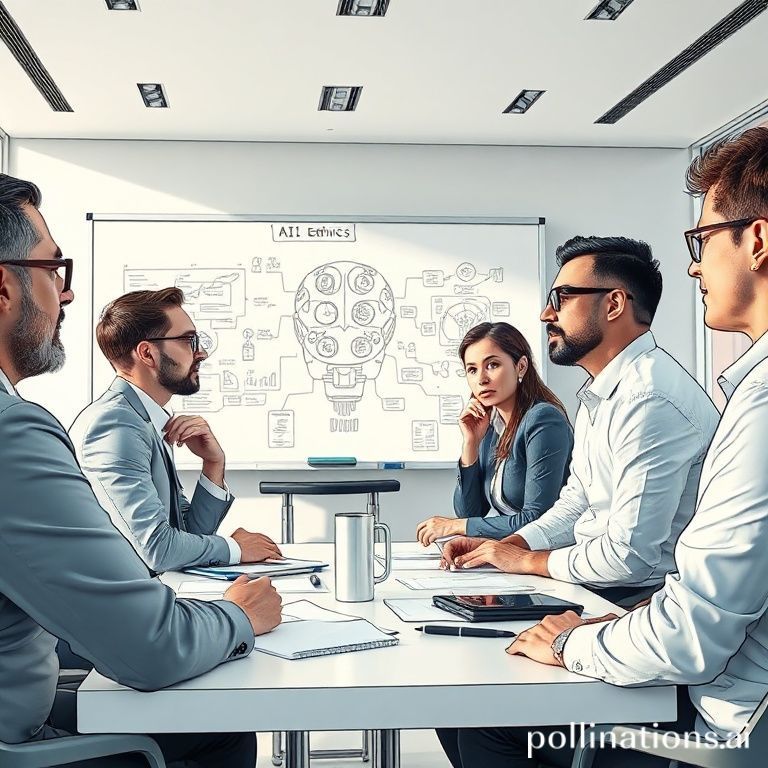 A diverse group of policymakers, tech experts, and legal scholars in a modern, sunlit conference room, engaged in a collaborative discussion about AI ethics. Whiteboard with complex diagrams and notes, subtle futuristic elements, professional attire, thoughtful expressions, vibrant and hopeful atmosphere, cinematic, high detail, 8k quality, photorealistic