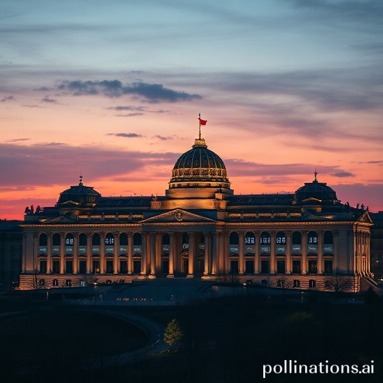 futuristic European Parliament building at dusk, glowing with digital data streams, symbolizing the EU AI Act's global impact, cinematic, high detail, 8k