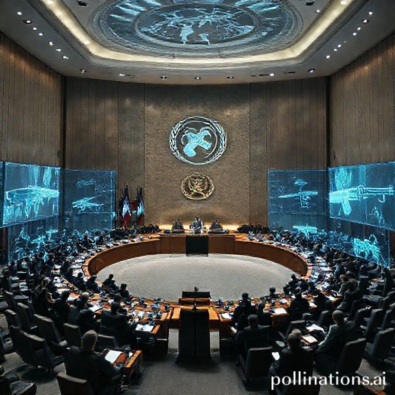 A futuristic UN Security Council chamber in 2025, with holographic projections of AI weapon models and delegates from various nations engaged in intense debate, focused on global security. The mood is serious and urgent, with a blend of advanced technology and traditional diplomatic setting, cinematic lighting, highly detailed, 8k quality, photorealistic