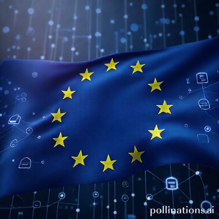 A detailed illustration of the European Union flag transitioning into a digital network grid, with various icons representing online platforms and data flows, suggesting regulation and oversight. The overall mood is serious and authoritative, with a touch of modern digital aesthetic. The focus is on the Digital Services Act's global reach, 8k quality, photorealistic, cinematic atmosphere.