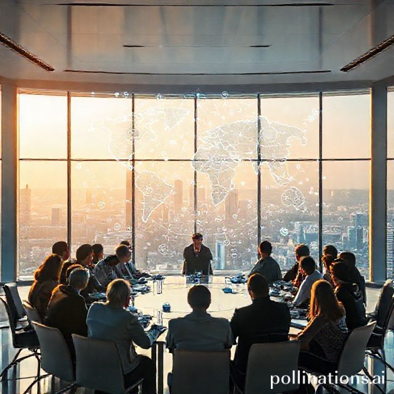 A diverse group of global leaders and experts gathered around a large holographic display showing intertwined digital networks and ethical symbols, representing international cooperation on AI governance. The setting is a modern, bright conference room with large windows overlooking a futuristic cityscape, warm natural light, cinematic atmosphere, ultra realistic, highly detailed, 8k quality, photorealistic