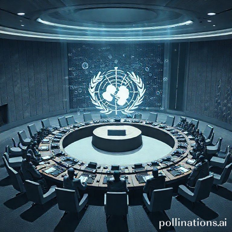 A stylized, somber illustration of a UN Security Council meeting, with delegates around a large, circular table. A holographic projection in the center shows abstract AI circuitry intersecting with military symbols. The mood is serious and urgent, with muted blues and greys, cinematic lighting, ultra realistic, highly detailed, 8k quality, photorealistic