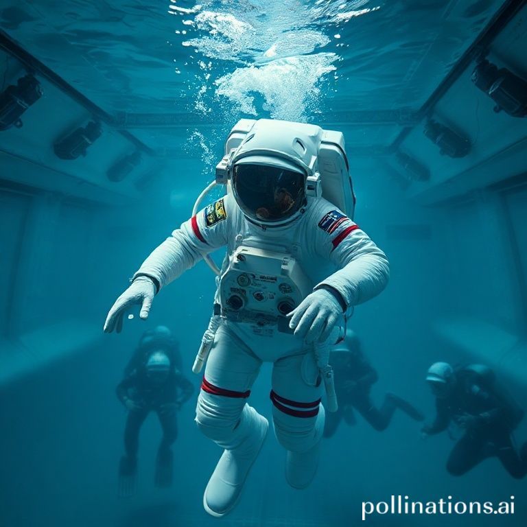 Astronaut in a neutral buoyancy lab, fully suited, practicing spacewalk maneuvers underwater with a replica of a lunar lander section, surrounded by support divers, blue water, realistic lighting, highly detailed, cinematic, educational tone, 8k quality, photorealistic