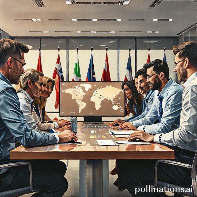 Diverse group of business professionals from various cultures collaborating around a large table, looking at global market data on a screen, modern office setting, warm lighting, professional attire, international flags subtly in the background, highly detailed, photorealistic