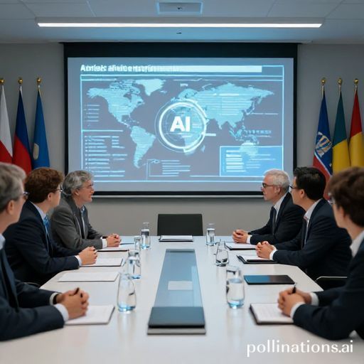 A diverse group of world leaders and AI experts in a modern, brightly lit conference room, engaged in a serious discussion around a large holographic display showing AI ethics frameworks, focus on collaboration and shared vision, professional attire, global flags subtly in the background, cinematic lighting, ultra realistic, highly detailed, 8k quality, photorealistic