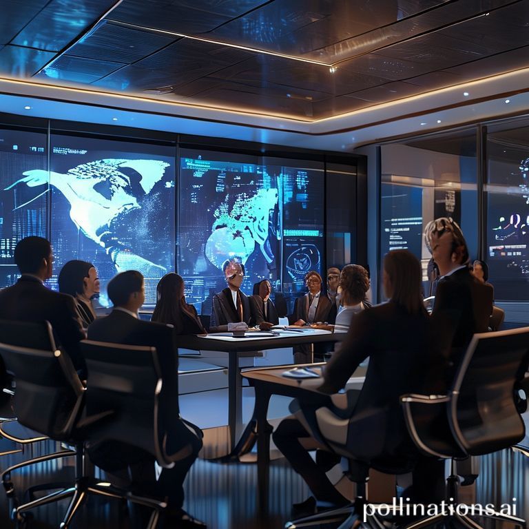 Diverse group of international delegates from various countries discussing AI regulation in a modern, well-lit conference room at the United Nations, with a large screen displaying complex data visualizations, showing collaboration and serious discussion, global representation, professional attire, cinematic lighting, ultra realistic, highly detailed, 8k quality, photorealistic