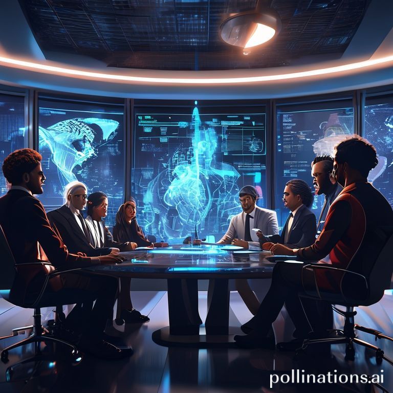 A diverse group of global leaders from different continents, including men and women of various ethnicities, seated around a large, futuristic holographic table discussing complex AI algorithms and ethical frameworks. The room is modern with sleek lines and large digital displays showing data visualizations. The mood is serious yet collaborative, with expressions of focused determination. Warm, professional lighting, cinematic style, ultra realistic, highly detailed, 8k quality, photorealistic