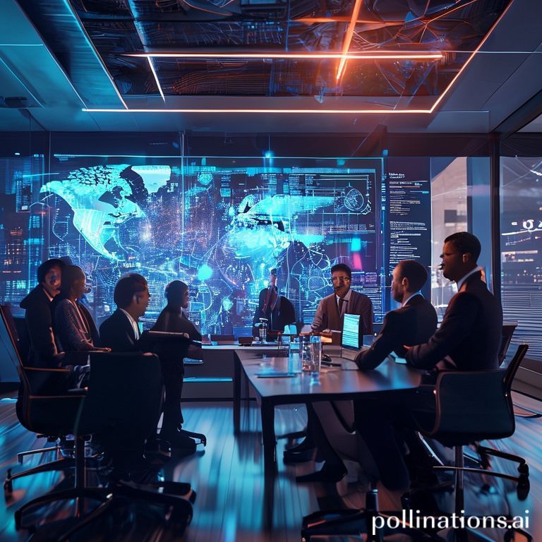 Diverse group of international experts from various fields collaborating around a holographic projection of complex AI algorithms, symbolizing global cooperation and shared principles, modern conference room, vibrant digital interface, professional and focused atmosphere, high detail, cinematic lighting, 8k quality
