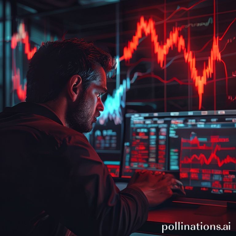 A worried investor staring at a volatile stock market chart on a computer screen, with red downward arrows and a sense of financial anxiety in a modern, dimly lit office. The chart shows a steep decline, representing an unbacked financial instrument. Realistic, cinematic lighting, high detail, 8k quality, photorealistic.