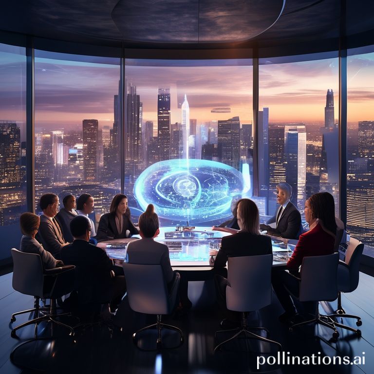 A diverse group of global leaders, male and female, from various countries, sitting around a large, futuristic holographic table discussing AI governance. The room is modern, with soft lighting and large windows overlooking a city skyline at dusk. The mood is serious yet hopeful, reflecting the importance of global collaboration. Cinematic, ultra realistic, highly detailed, 8k quality, photorealistic