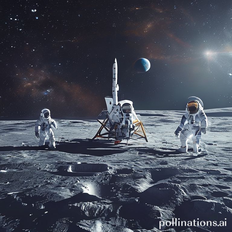 futuristic lunar landing scene at the Moon's south pole, with a SpaceX Starship Human Landing System (HLS) gently touching down, astronauts in advanced spacesuits exploring nearby craters, Earth visible in the distance, dark sky with bright stars, high-tech equipment, realistic, cinematic lighting, 8k quality, photorealistic