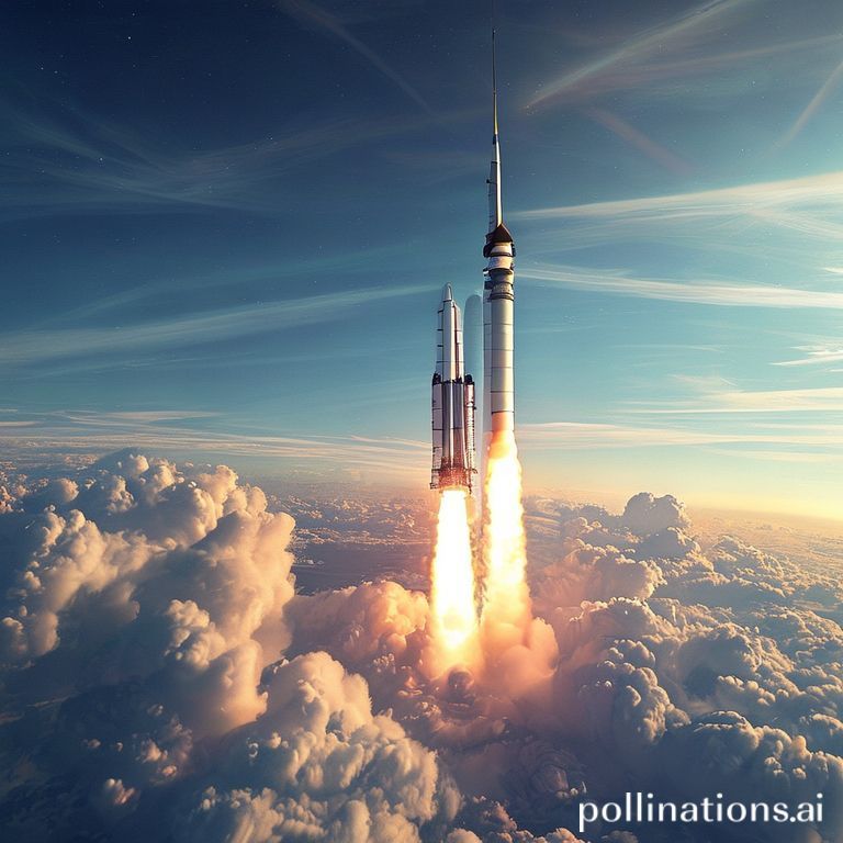 A majestic view of the NASA Space Launch System (SLS) rocket launching the Orion spacecraft into space, with flames and smoke billowing from the engines, against a backdrop of a clear blue sky, seen from a distance at Kennedy Space Center, Florida, daytime, epic scale, highly detailed, photorealistic, wide-angle, cinematic