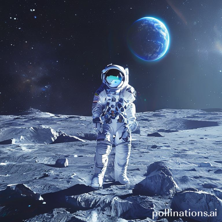 A futuristic astronaut in a white spacesuit with blue accents, standing proudly on the lunar south pole. The Earth is a vibrant blue marble in the dark sky above, while nearby, a advanced lunar lander is gently illuminated. Ice crystals are subtly visible on the rocky, cratered terrain, under a dramatic, high-contrast lighting. The scene evokes a sense of pioneering adventure and scientific discovery, ultra realistic, highly detailed, 8k quality, photorealistic