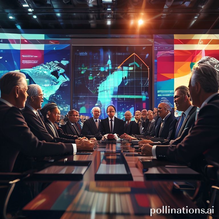 A diverse group of world leaders shaking hands and smiling at a grand conference table, a large digital display in the background showing a graph of declining carbon emissions, surrounded by flags of various nations, representing a historic global agreement, warm celebratory lighting, cinematic, ultra realistic, highly detailed, 8k quality, photorealistic, focus on the Global Carbon Tax agreement