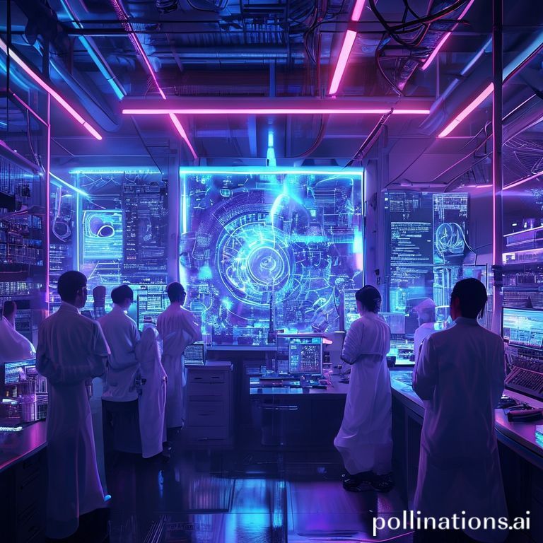 A futuristic laboratory setting with a large, glowing quantum computer at its center. Neon blue and purple lights emanate from the intricate circuitry, surrounded by scientists in lab coats observing holographic displays. The atmosphere is one of intense focus and groundbreaking discovery, ultra realistic, highly detailed, 8k quality, photorealistic