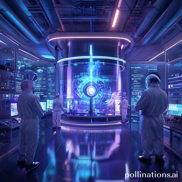 A futuristic, sleek nuclear fusion reactor prototype glowing with soft blue and purple light in a vast, high-tech laboratory, surrounded by engineers in cleanroom suits observing data on holographic displays, symbolizing the first step towards clean energy, cinematic, ultra realistic, highly detailed, 8k quality, photorealistic