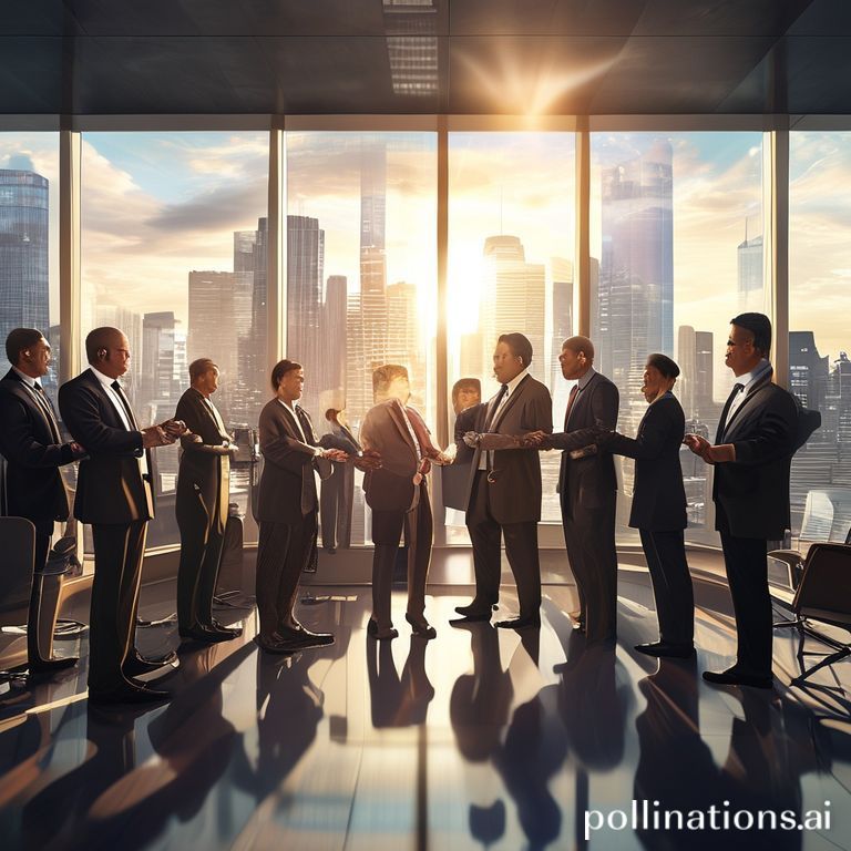 A diverse group of global leaders from different continents, wearing business attire, shaking hands in a modern, sunlit conference room with large windows overlooking a city skyline, symbolizing international cooperation and a unified effort. The mood is serious but hopeful, with a focus on collaboration and shared understanding. Cinematic, high detail, photorealistic.
