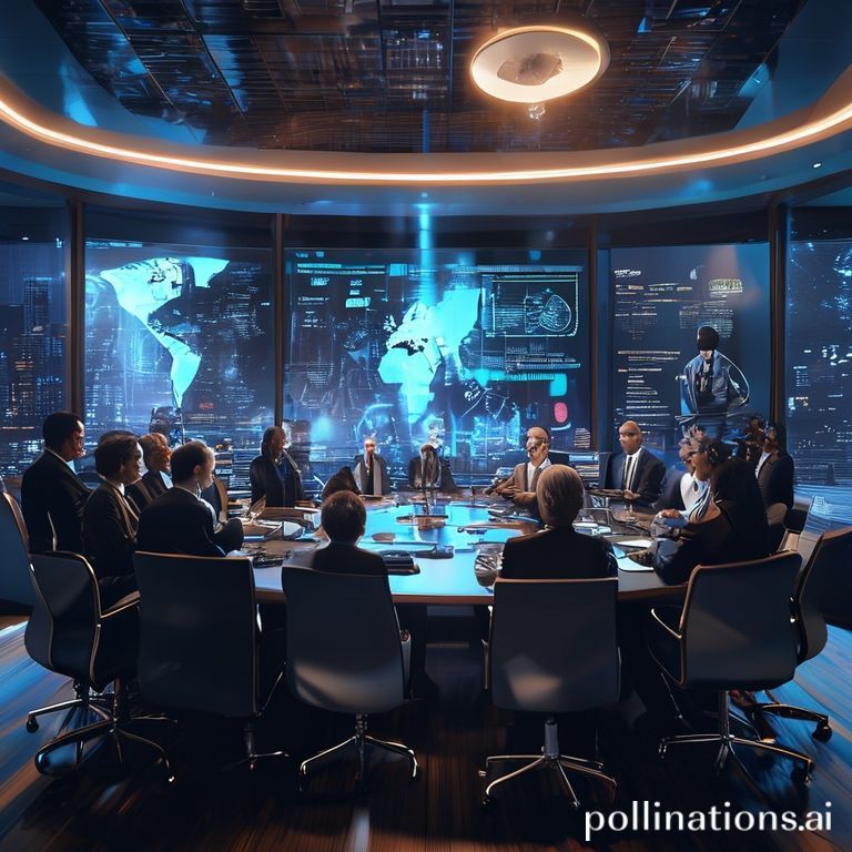 A diverse group of world leaders and diplomats in a modern, well-lit conference room, engaged in intense discussion around a large circular table with holographic projections of AI data, representing a UN Emergency Summit on AI regulation. The mood is serious yet hopeful, with a focus on global collaboration, cinematic lighting, ultra realistic, highly detailed, 8k quality, photorealistic