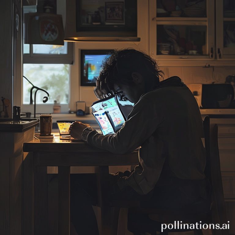 A person sitting alone at a kitchen table, head in hands, looking distraught, with a smartphone displaying a vague gambling site on the screen, indicating a moment of crushing realization and betrayal. The lighting is dim, emphasizing a sense of despair and isolation, naturalistic, highly detailed, photorealistic, 8k quality.