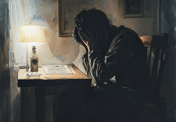 A person sitting alone in a dimly lit room, head in hands, looking distressed and burdened by a heavy secret, wedding invitation visible on a table, soft cool lighting, cinematic, ultra realistic, highly detailed, 8k quality, photorealistic