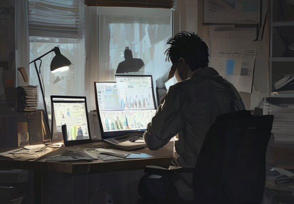 A person sitting alone at a desk, head in hands, surrounded by scattered business documents and a laptop displaying financial charts. The room is dimly lit, conveying a sense of stress and contemplation. The atmosphere is somber and reflective, with soft, natural light filtering in from a window. Cinematic, realistic, highly detailed, 8k quality, photorealistic.